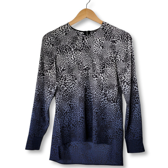 Vince Camuto Ombre Leopard Print High Low Long Sleeve Blouse Blue Size XS - Picture 1 of 11